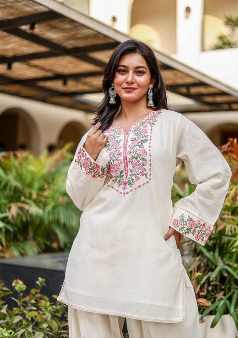 White Embroidery Cotton Kurta Set - Indya