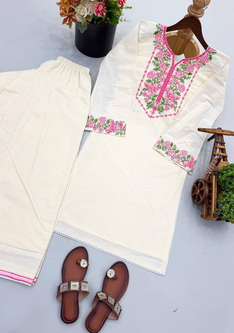 White Embroidery Cotton Kurta Set - Indya