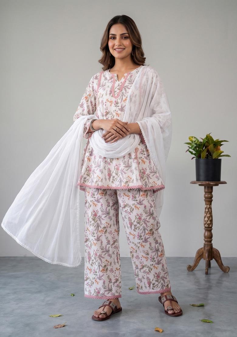 Pink Printed Crepe Kurta Set - Indya