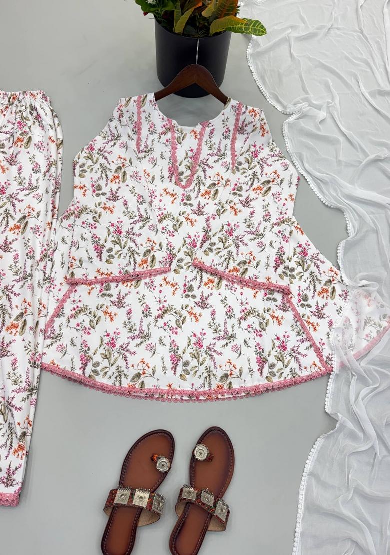 Pink Printed Crepe Kurta Set - Indya