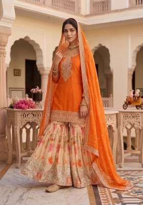 Orange Embroidery Silk Kurta Set