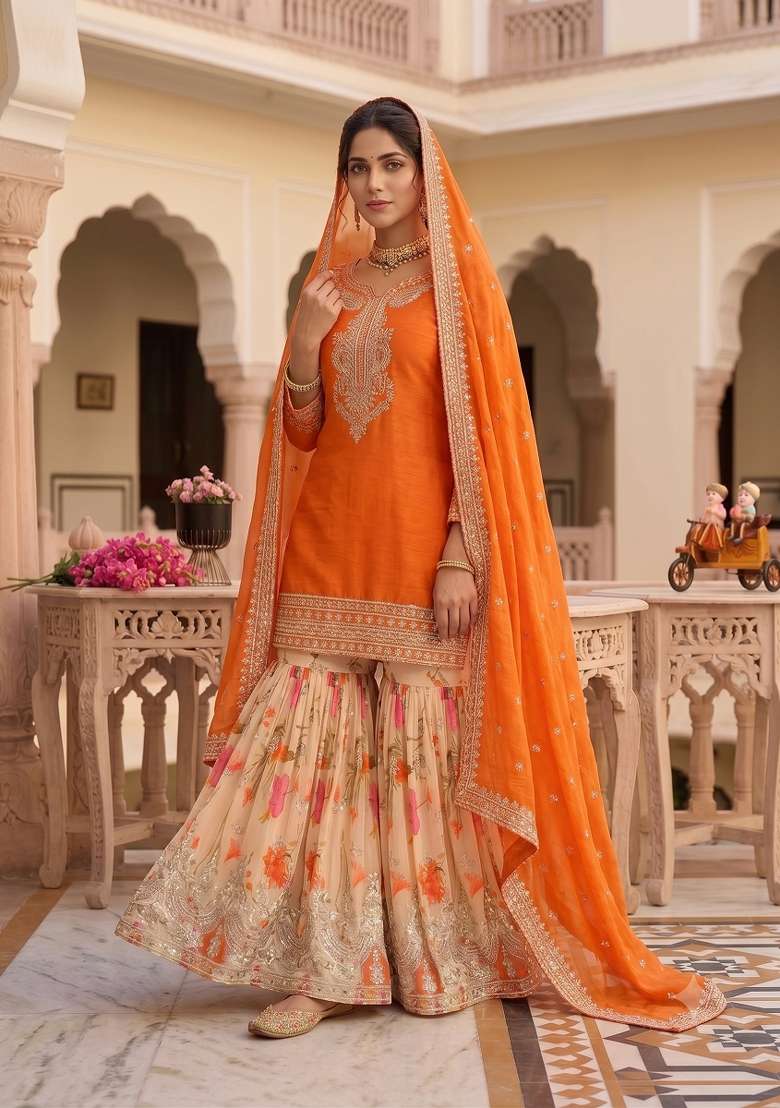 Orange Embroidery Silk Kurta Set - Indya