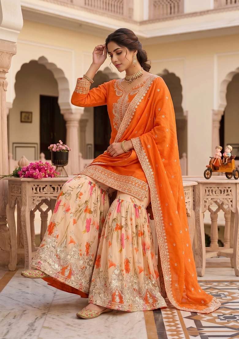 Orange Embroidery Silk Kurta Set - Indya