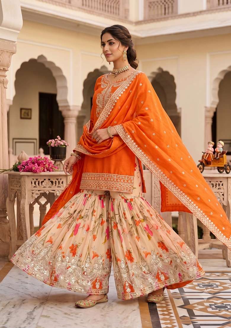 Orange Embroidery Silk Kurta Set - Indya