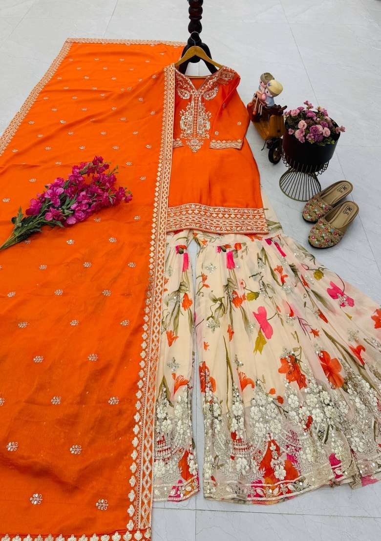 Orange Embroidery Silk Kurta Set - Indya