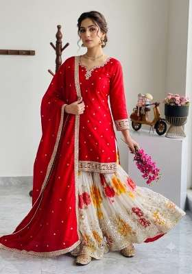 Red Embroidery Silk Kurta Set