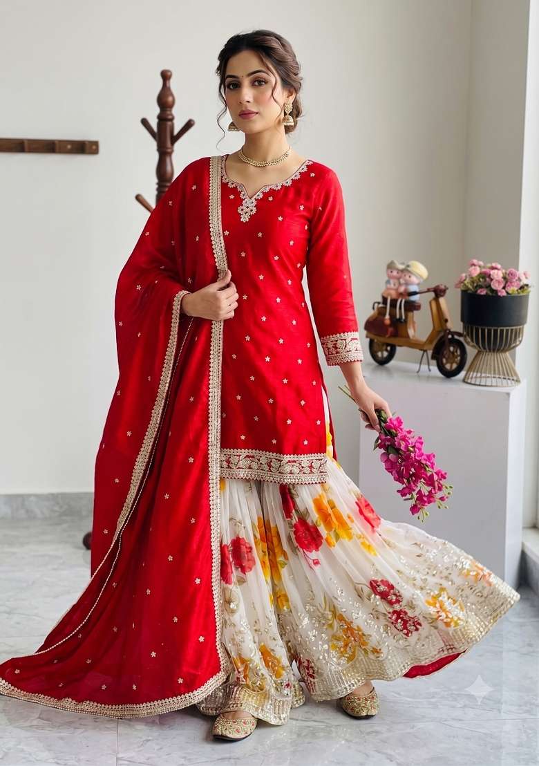 Red Embroidery Silk Kurta Set - Indya