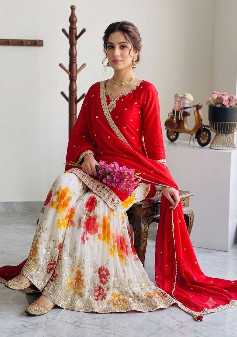 Red Embroidery Silk Kurta Set - Indya