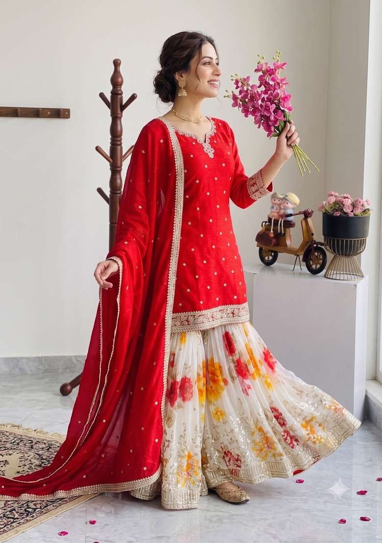 Red Embroidery Silk Kurta Set - Indya
