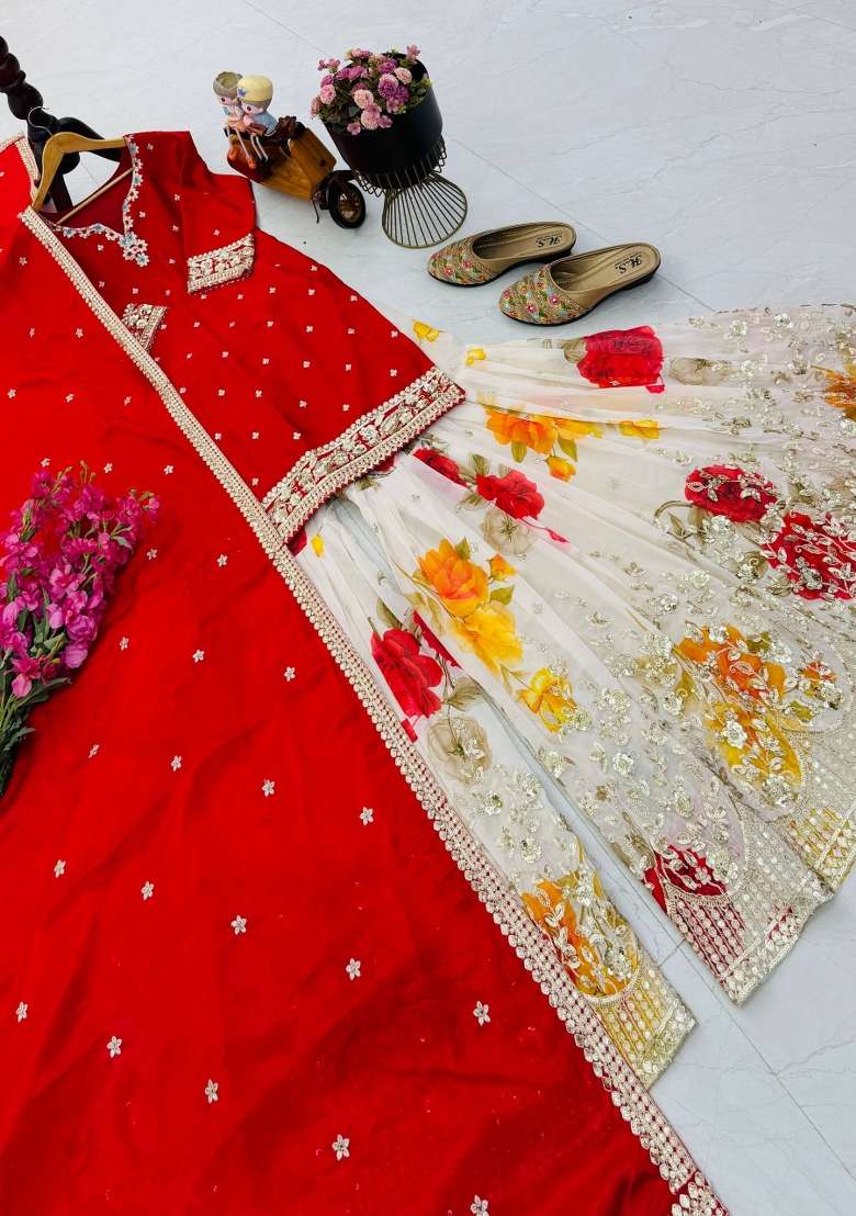 Red Embroidery Silk Kurta Set - Indya