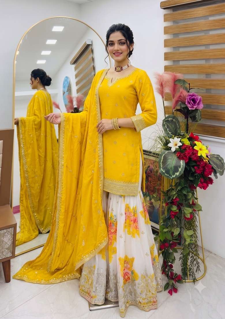 Yellow Embroidery Silk Kurta Set - Indya