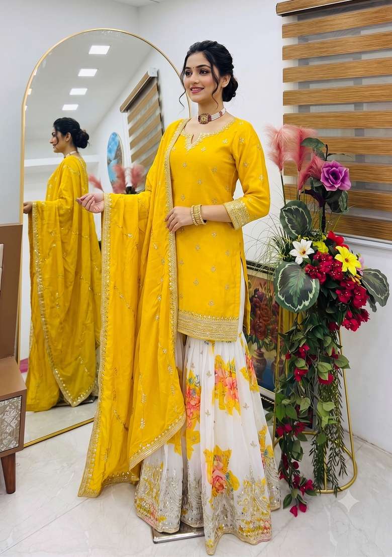Yellow Embroidery Silk Kurta Set - Indya