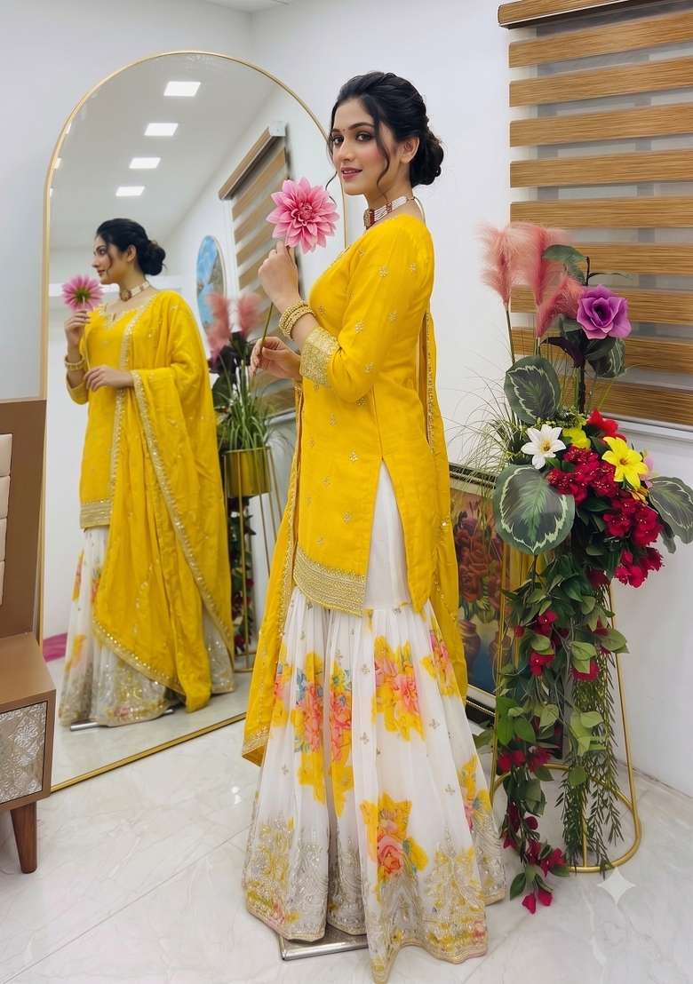 Yellow Embroidery Silk Kurta Set - Indya