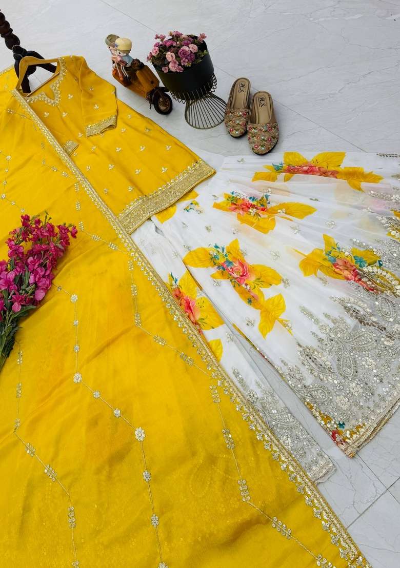 Yellow Embroidery Silk Kurta Set - Indya