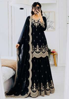 Black Embroidery Silk Kurta Set