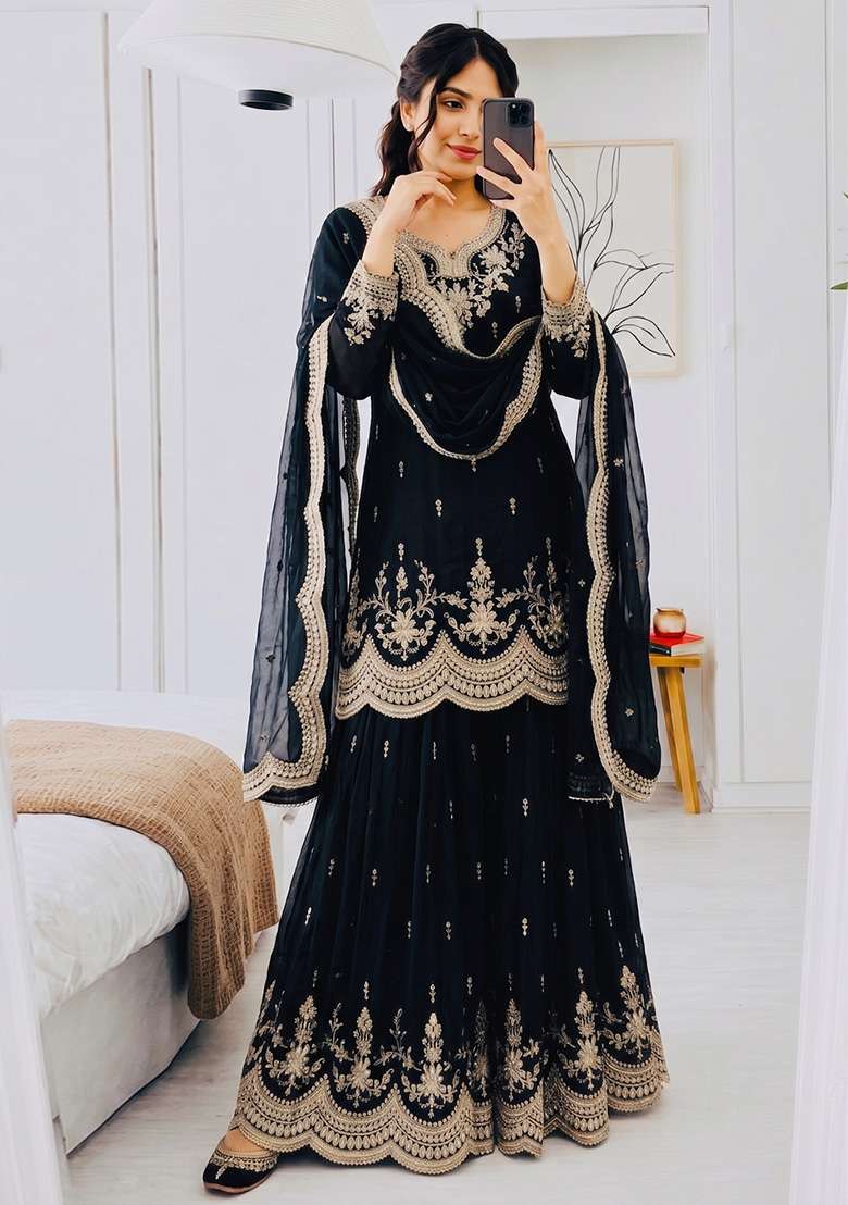 Black Embroidery Silk Kurta Set - Indya