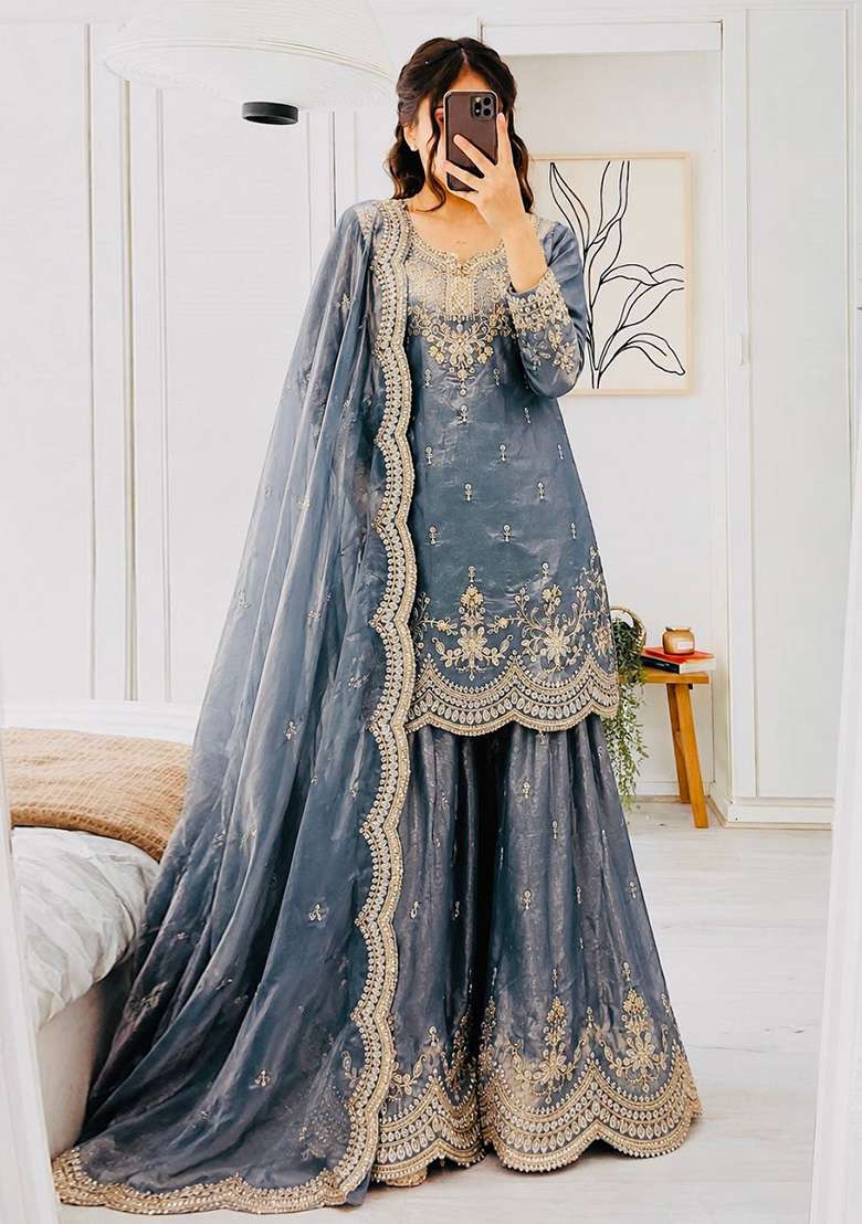 Grey Embroidery Silk Kurta Set - Indya