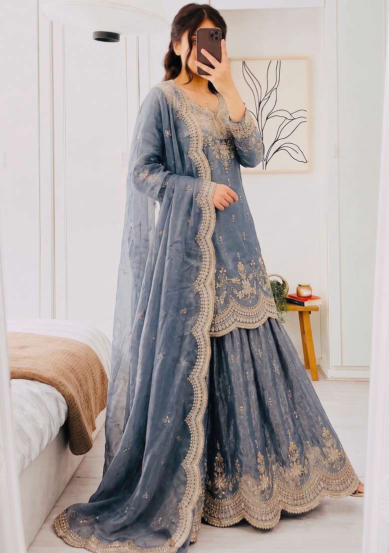 Grey Embroidery Silk Kurta Set - Indya