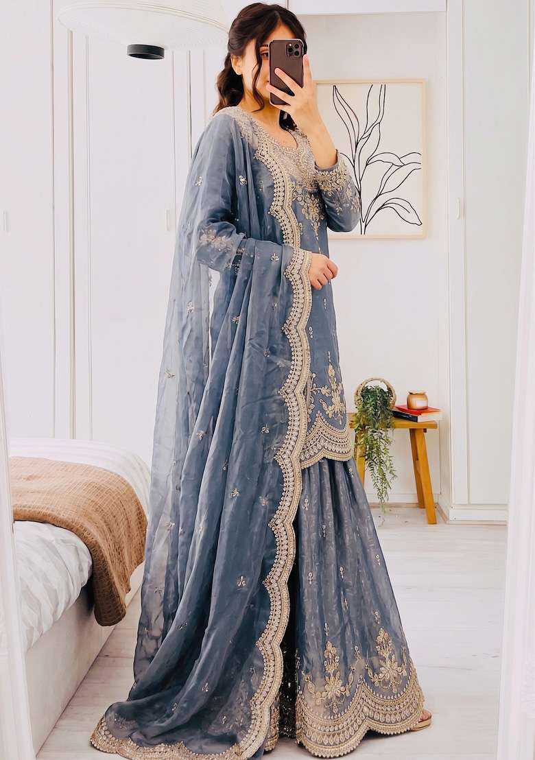 Grey Embroidery Silk Kurta Set - Indya
