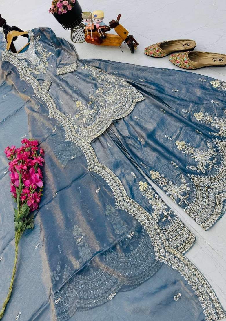 Grey Embroidery Silk Kurta Set - Indya