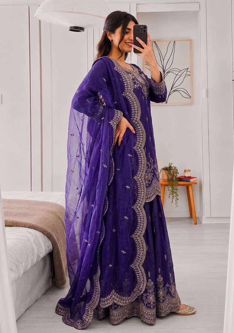 Purple Embroidery Silk Kurta Set - Indya