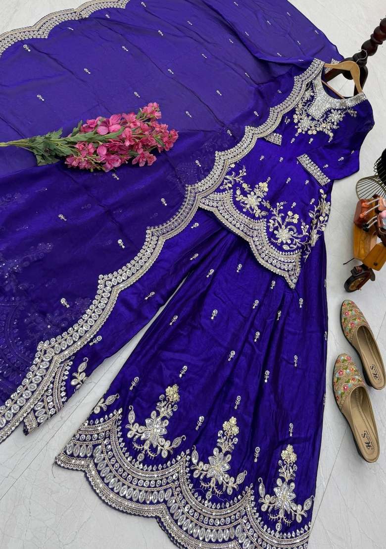 Purple Embroidery Silk Kurta Set - Indya