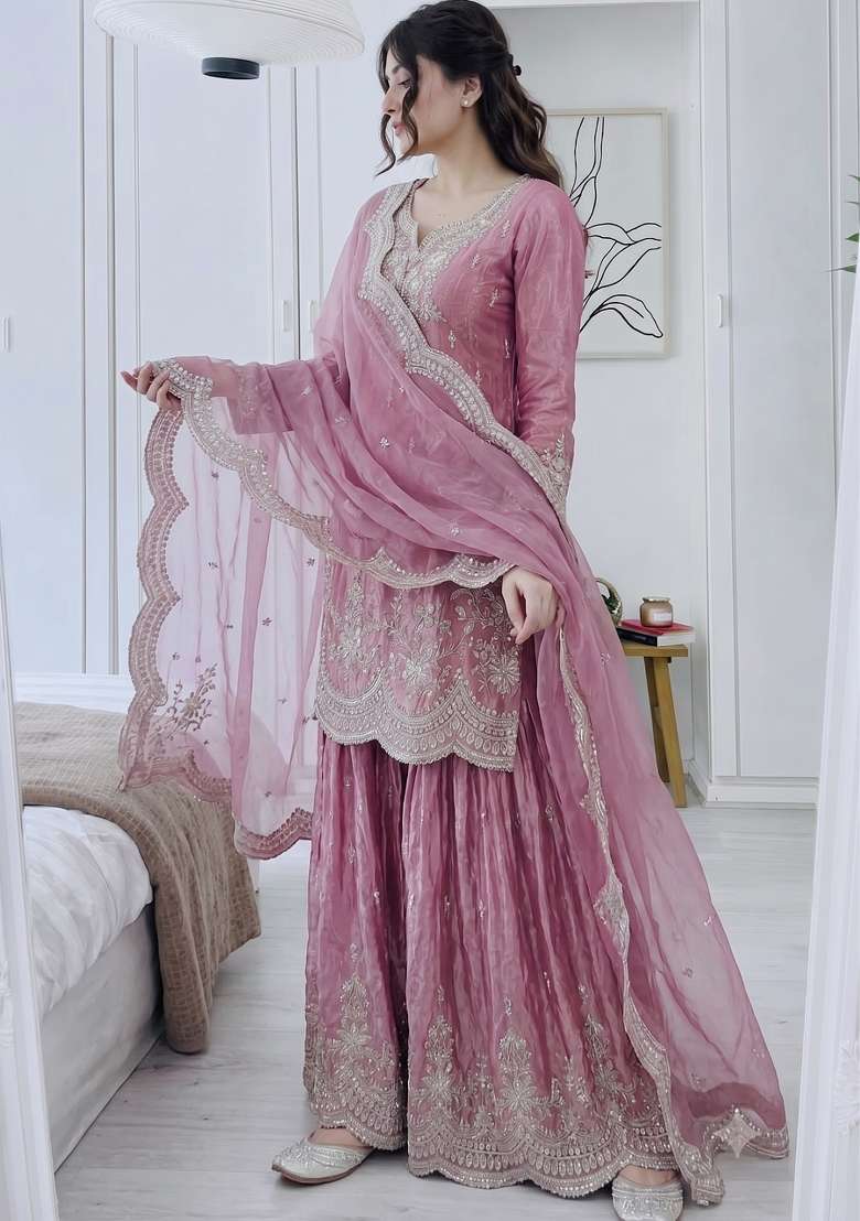 Pink Embroidery Silk Kurta Set - Indya