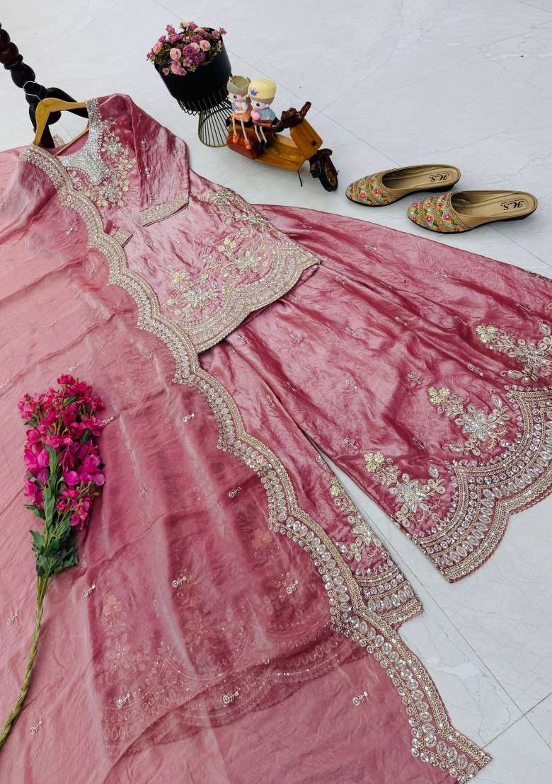Pink Embroidery Silk Kurta Set - Indya