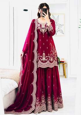 Rani Pink Embroidery Silk Kurta Set