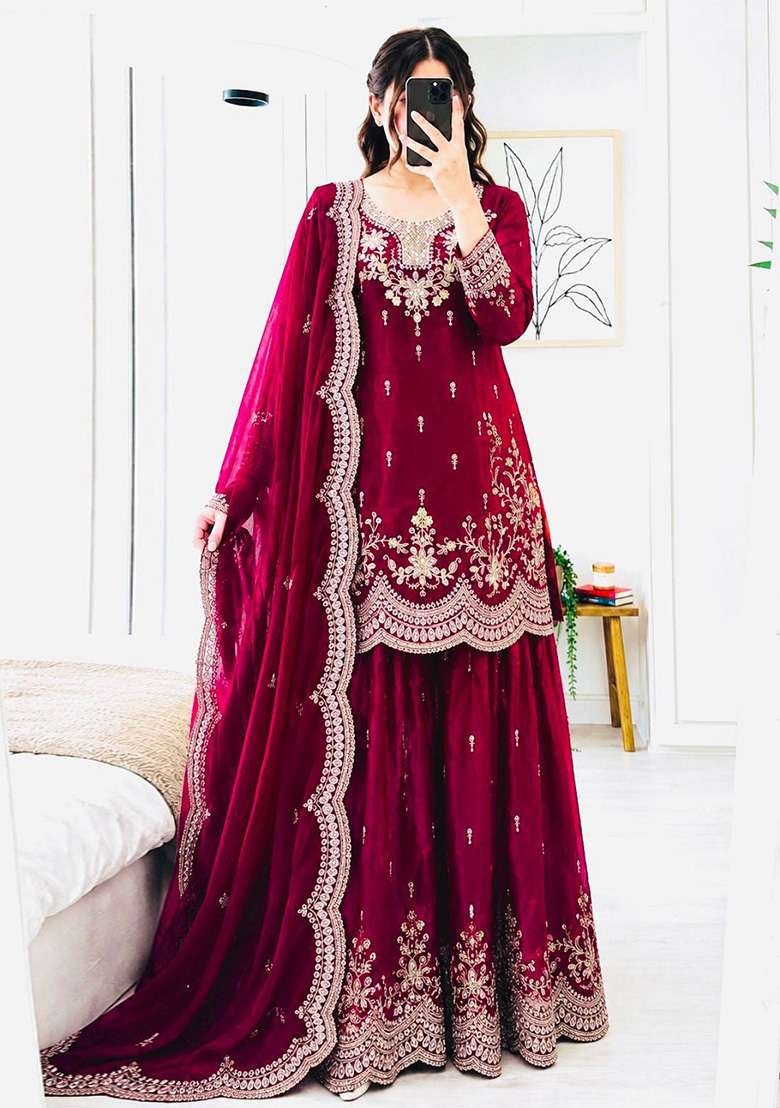 Rani Pink Embroidery Silk Kurta Set - Indya