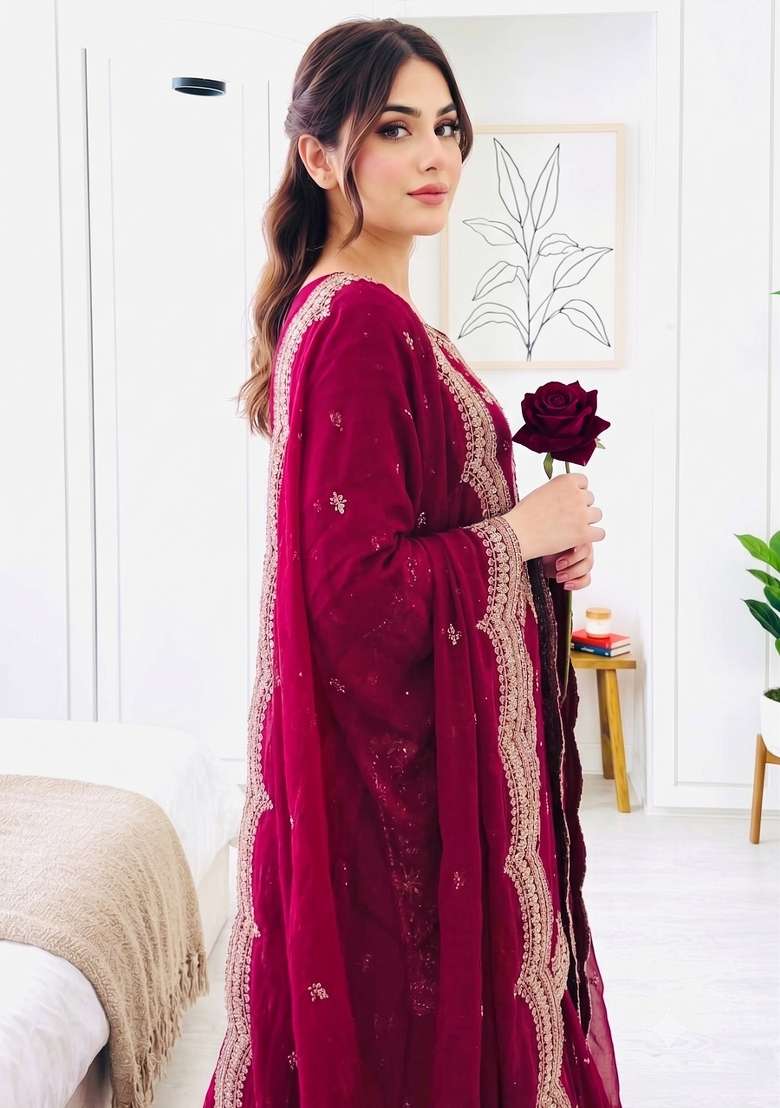 Rani Pink Embroidery Silk Kurta Set - Indya