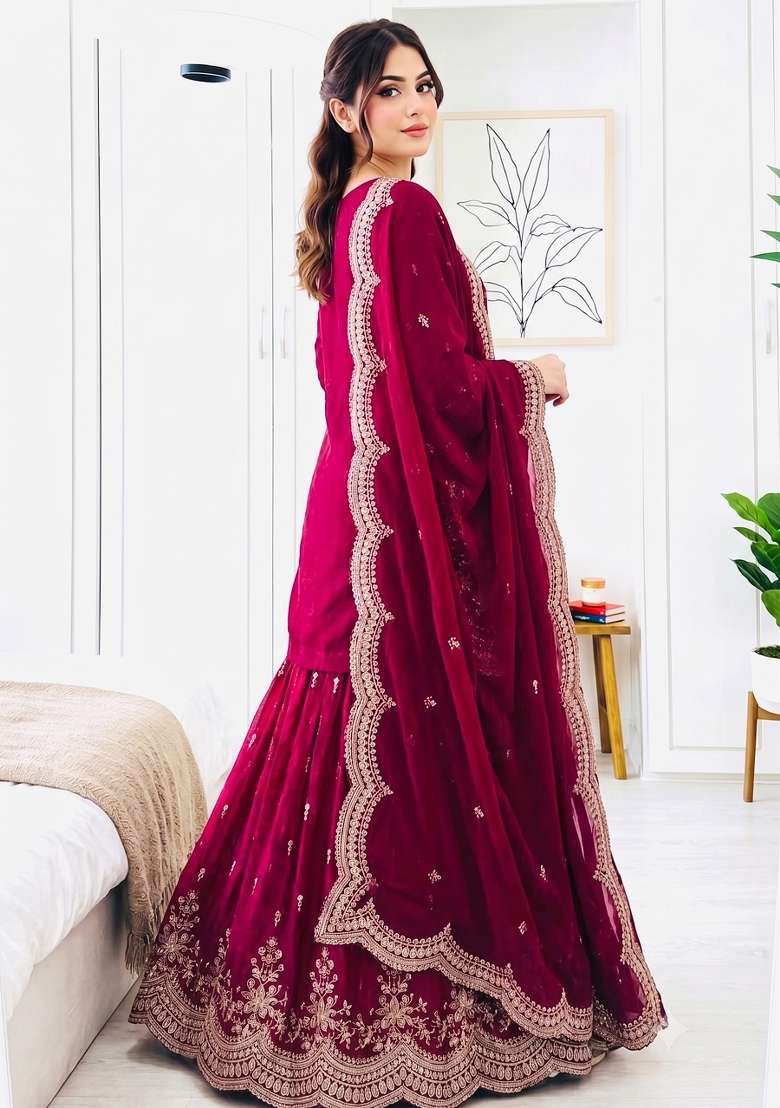 Rani Pink Embroidery Silk Kurta Set - Indya