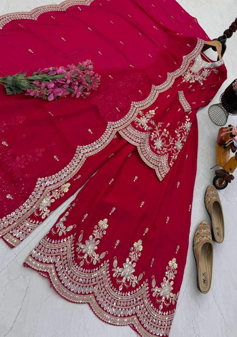 Rani Pink Embroidery Silk Kurta Set - Indya