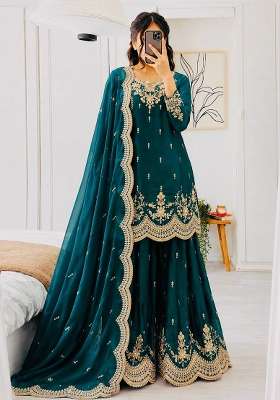 Teal Embroidery Silk Kurta Set