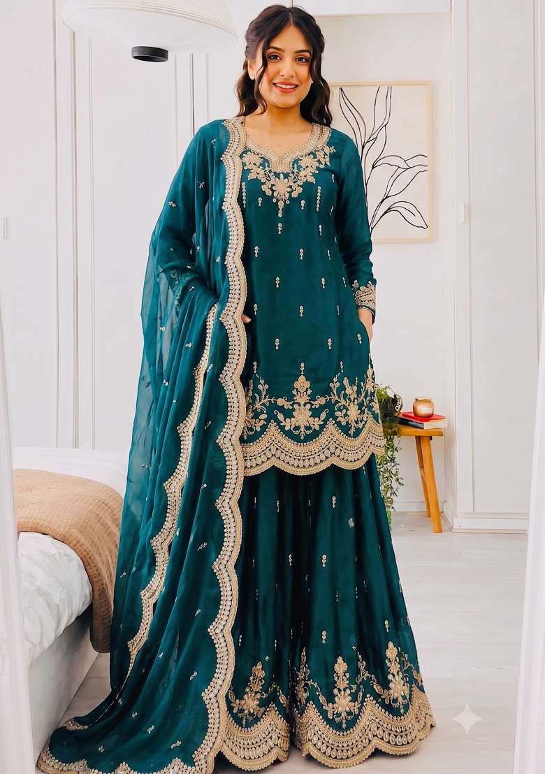 Teal Embroidery Silk Kurta Set - Indya