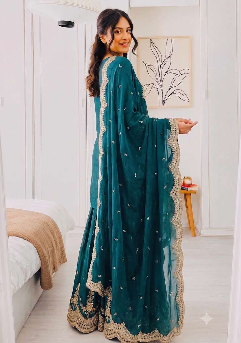 Teal Embroidery Silk Kurta Set - Indya