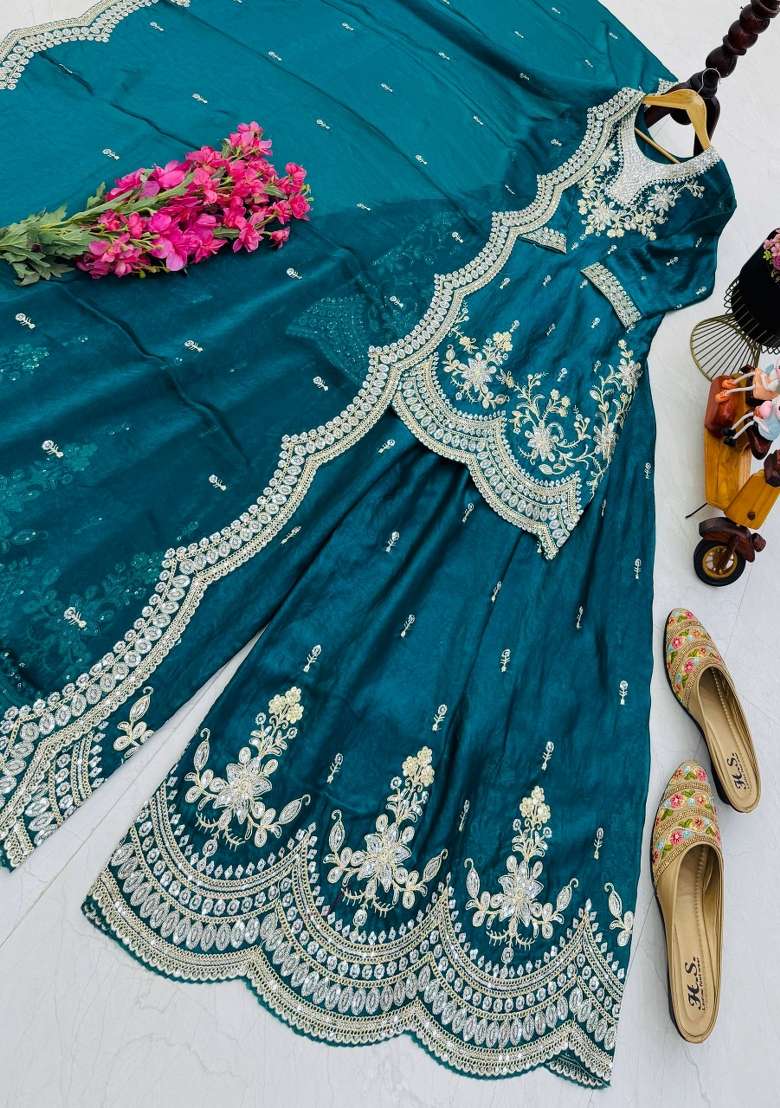 Teal Embroidery Silk Kurta Set - Indya
