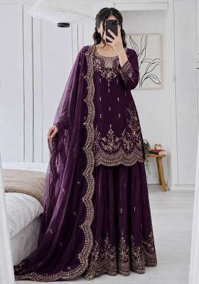 Wine Embroidery Silk Kurta Set