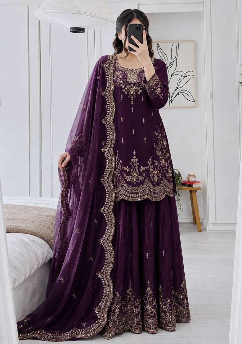 Wine Embroidery Silk Kurta Set - Indya
