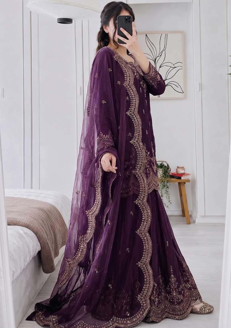 Wine Embroidery Silk Kurta Set - Indya