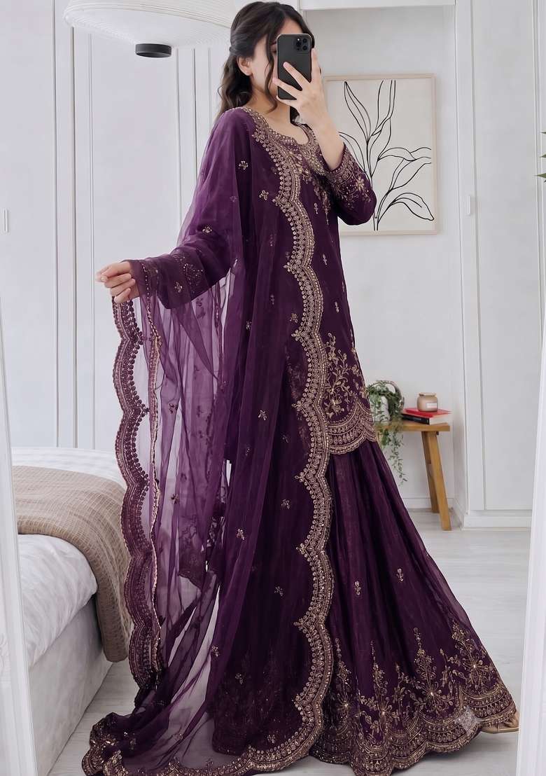Wine Embroidery Silk Kurta Set - Indya