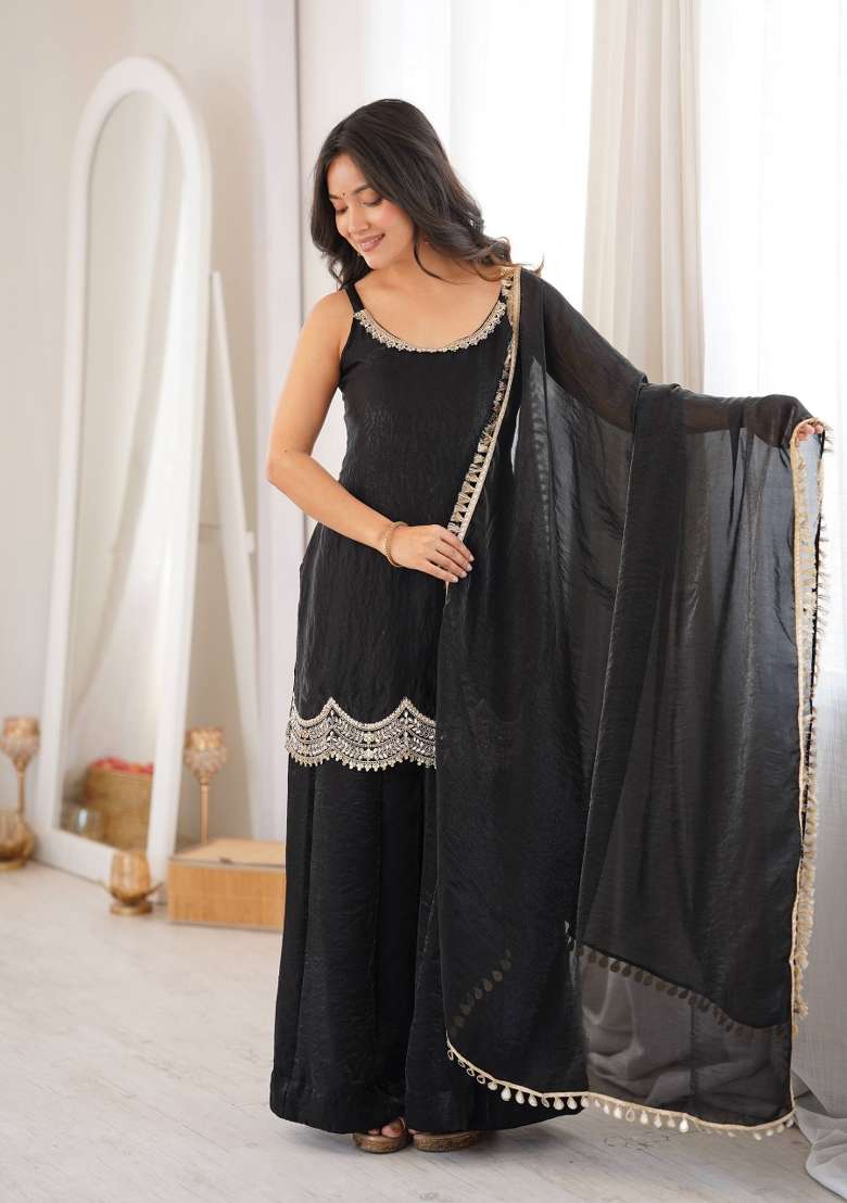 Black Embroidery Silk Kurta Set - Indya
