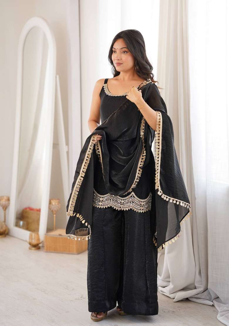 Black Embroidery Silk Kurta Set - Indya
