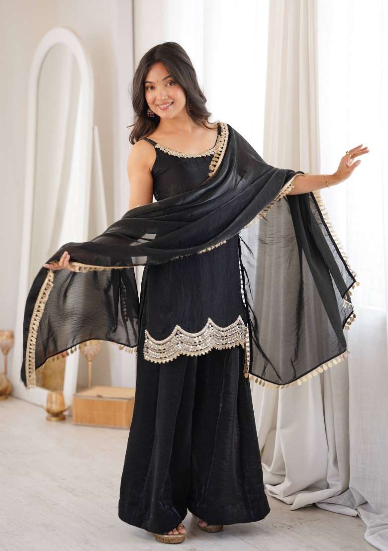 Black Embroidery Silk Kurta Set - Indya