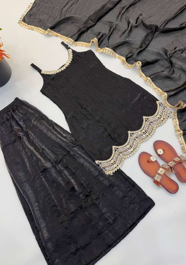 Black Embroidery Silk Kurta Set - Indya