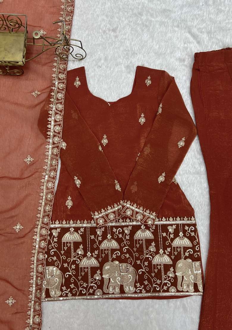 Orange Embroidery Silk Kurta Set - Indya