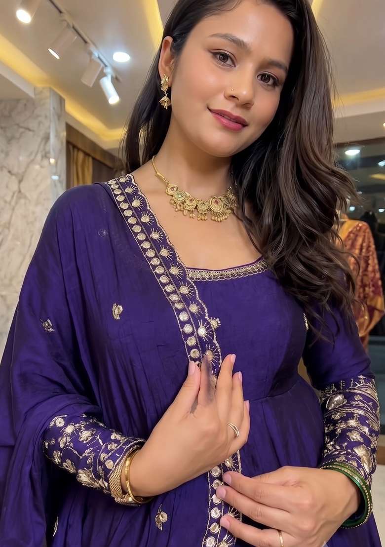 Dark Royal Blue Embroidery Silk Kurta Set - Indya