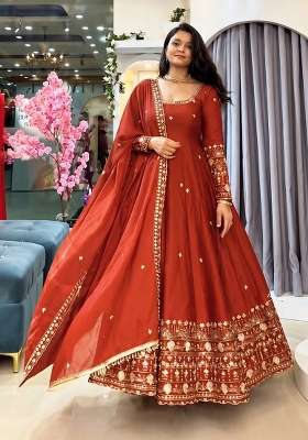 Orange Embroidery Silk Kurta Set