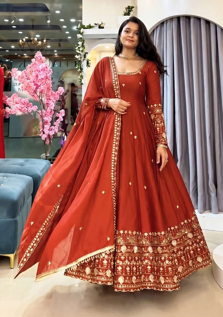 Orange Embroidery Silk Kurta Set - Indya