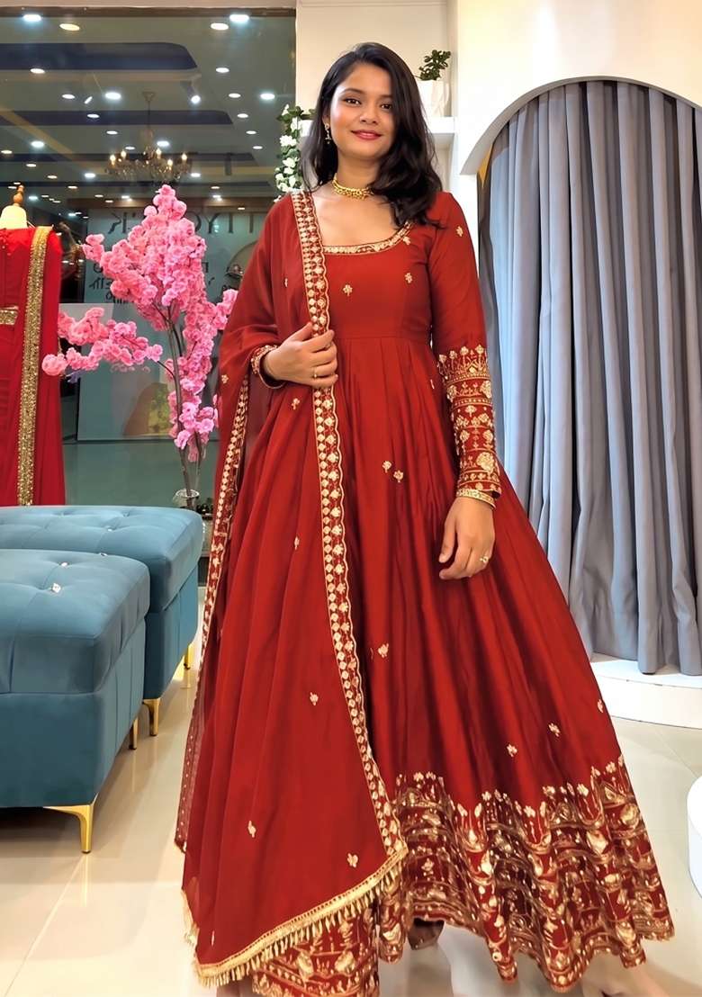 Orange Embroidery Silk Kurta Set - Indya